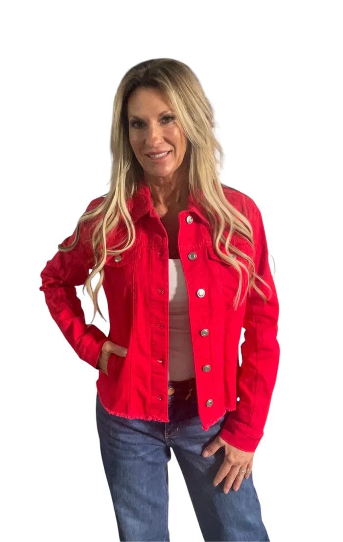 Red - Denim Jacket Frayed Edge