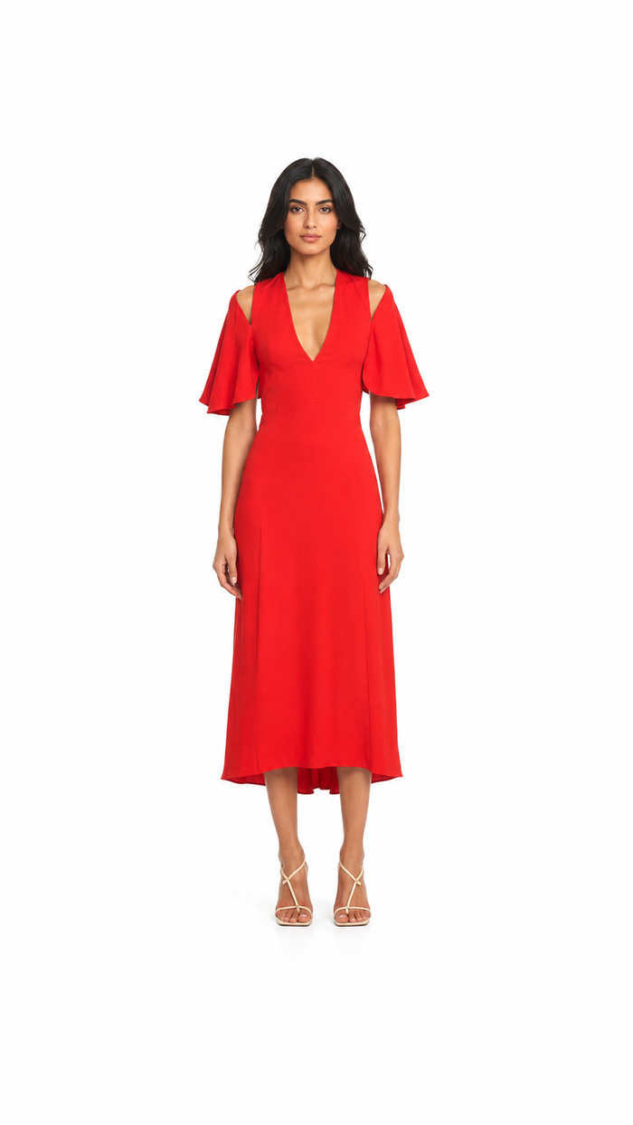 Red Cold-Shoulder Flutter Sleeve Midi Dress – ROSÉVA