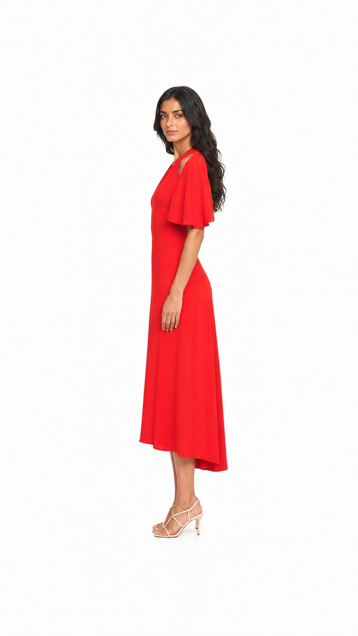 Red Cold-Shoulder Flutter Sleeve Midi Dress – ROSÉVA