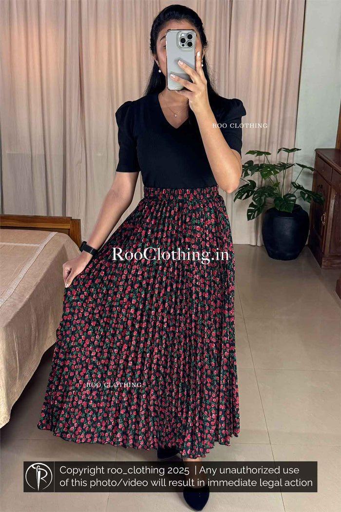 Red Floral Print Full-Length Black Accordion Pleated Skirt