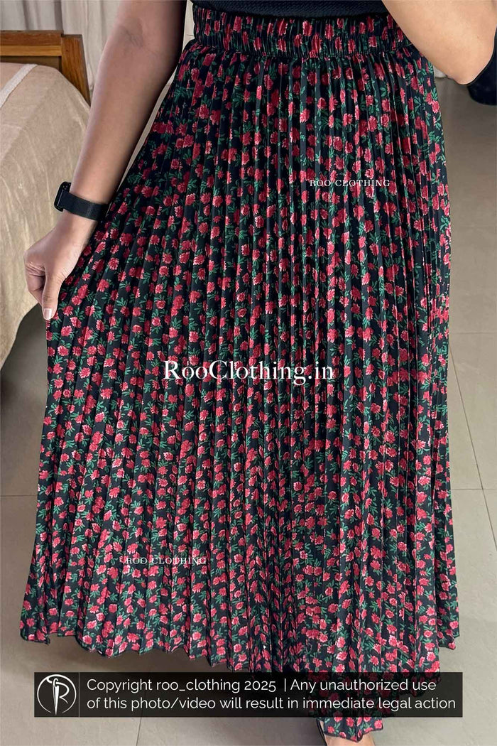 Red Floral Print Full-Length Black Accordion Pleated Skirt