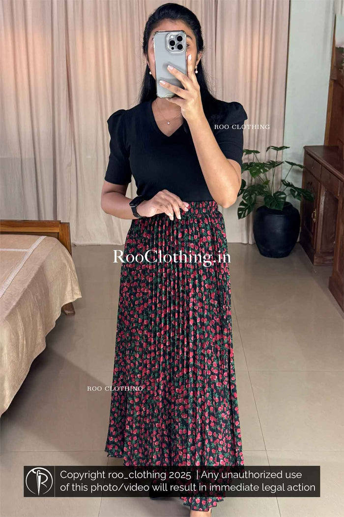 Red Floral Print Full-Length Black Accordion Pleated Skirt
