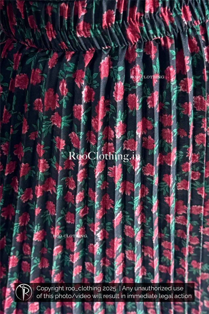 Red Floral Print Full-Length Black Accordion Pleated Skirt