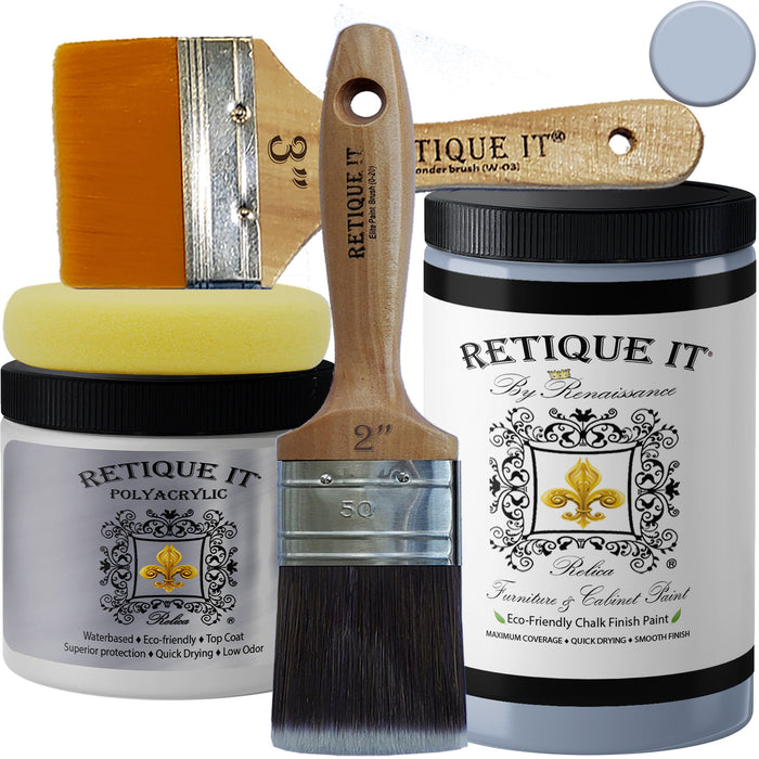 Retique It Renaissance Furniture Paint in Azure Blue, showing a color swatch on a sample surface.
