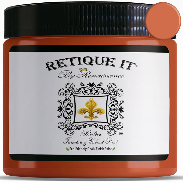 Retique It Renaissance Furniture Paint in Spiced Cider, 16 oz, showing a close-up of the warm, earthy paint swatch on wood.