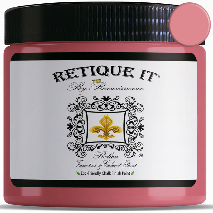 Pink Retique It by Renaissance Relica furniture and cabinet chalk finish paint jar with a black lid and matching round color swatch.