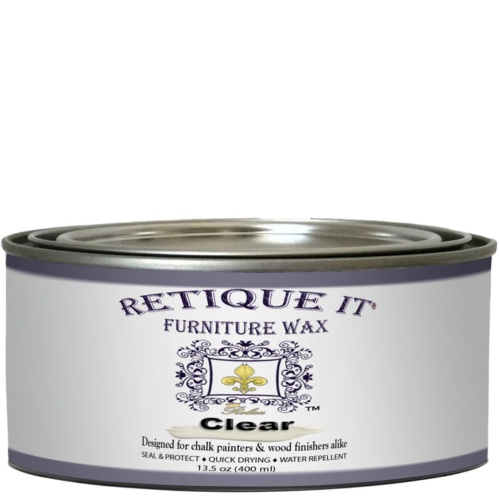 Retique It Clear Furniture Wax in a jar, showcasing smooth protective coating for wood furniture, part of protective sealants.