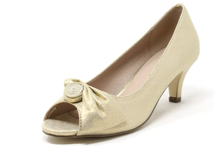 A gold-colored peep toe heel with a rose bow detail on the vamp, featuring a low pitch and slim heel.