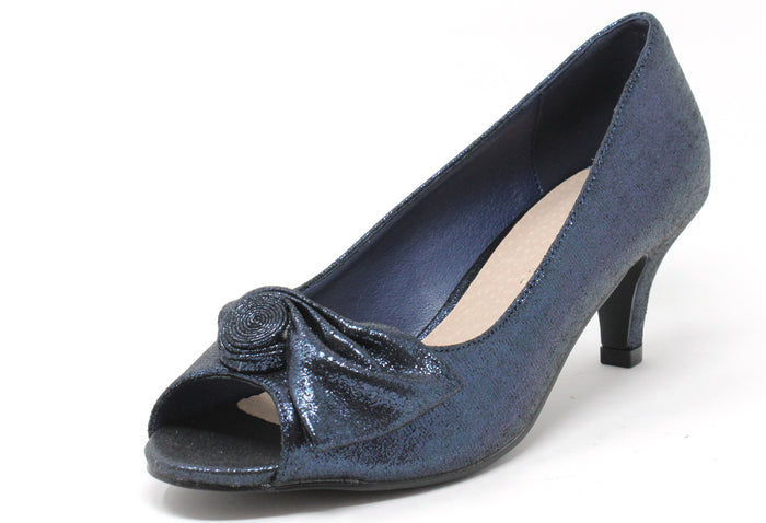A navy-colored peep toe heel with a rose bow detail on the vamp, featuring a low pitch and slim heel.