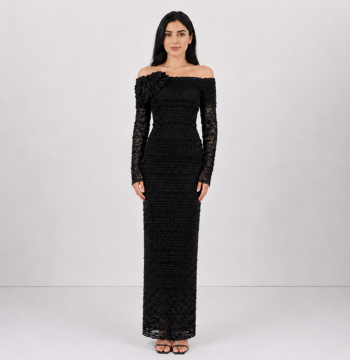 Rosette Lace Off-Shoulder Maxi Dress — Mocha