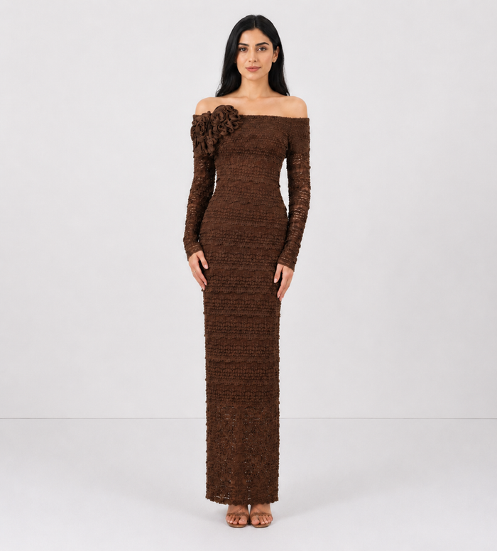 Rosette Lace Off-Shoulder Maxi Dress — Mocha