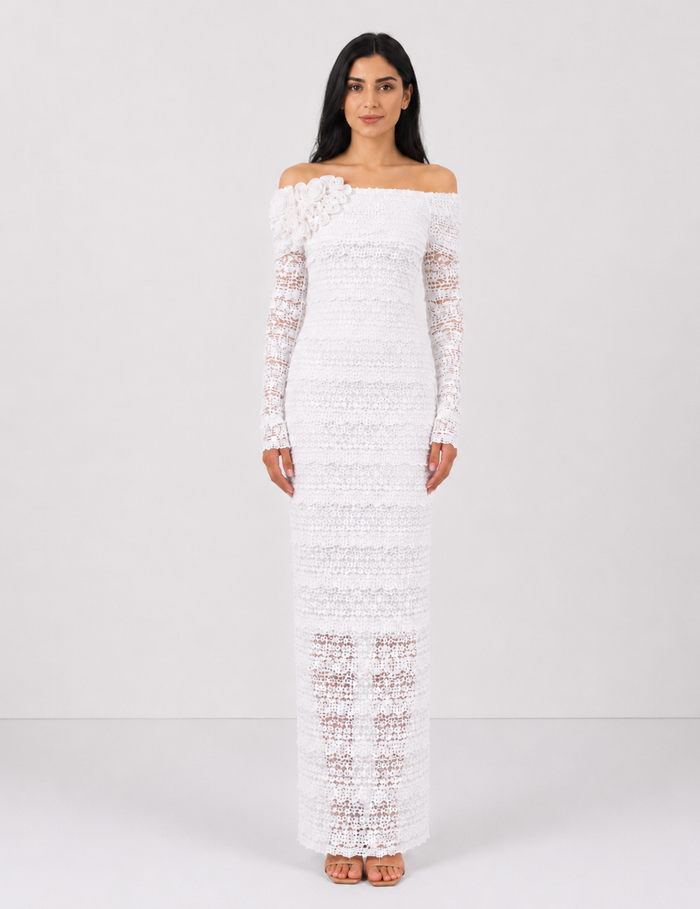 Rosette Lace Off-Shoulder Maxi Dress — Mocha