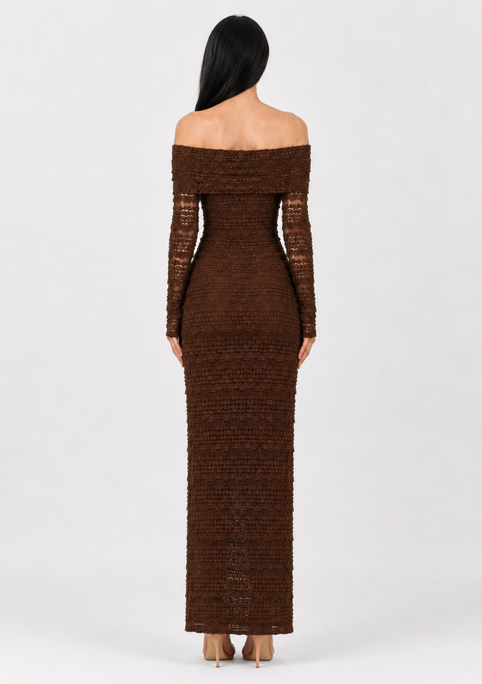 Rosette Lace Off-Shoulder Maxi Dress — Mocha