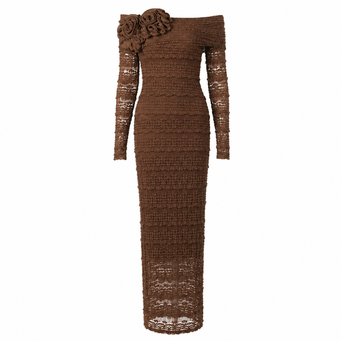 Rosette Lace Off-Shoulder Maxi Dress — Mocha