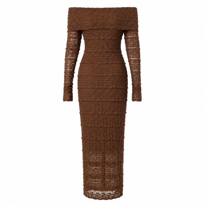 Rosette Lace Off-Shoulder Maxi Dress — Mocha