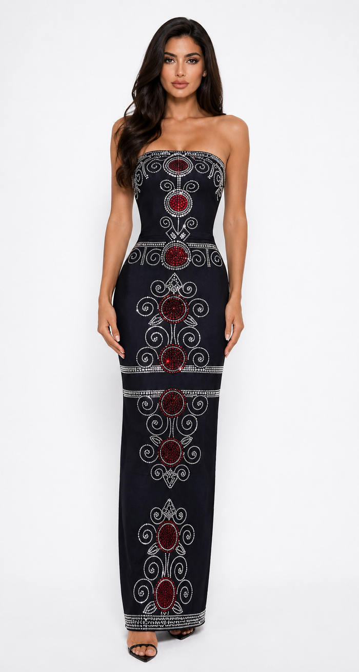 Royal Ruby Embellished Column Dress - Majesty