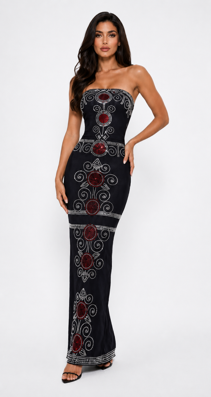 Royal Ruby Embellished Column Dress - Majesty