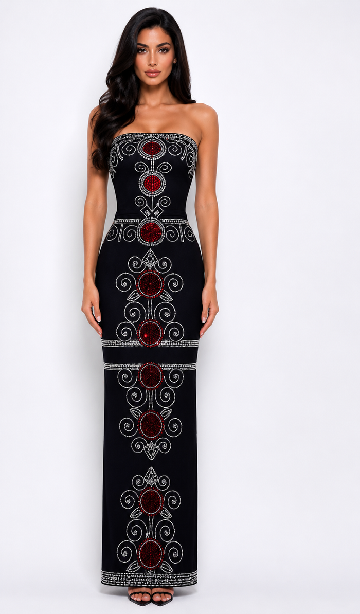 Royal Ruby Embellished Column Dress - Majesty