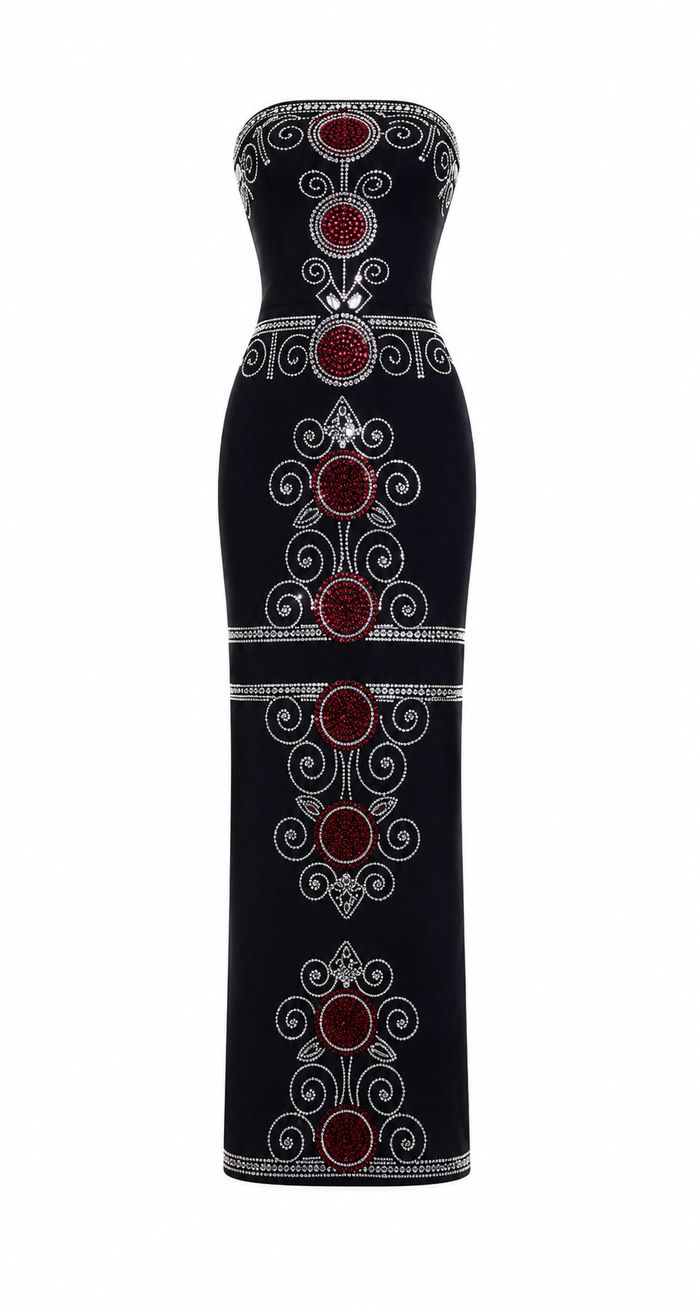 Royal Ruby Embellished Column Dress - Majesty