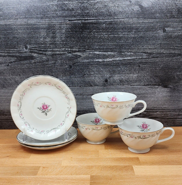 Royal Swirl Saucer Tea Cup Set of 3 Pink Rose Flower Fine China Japan Coffee Mug