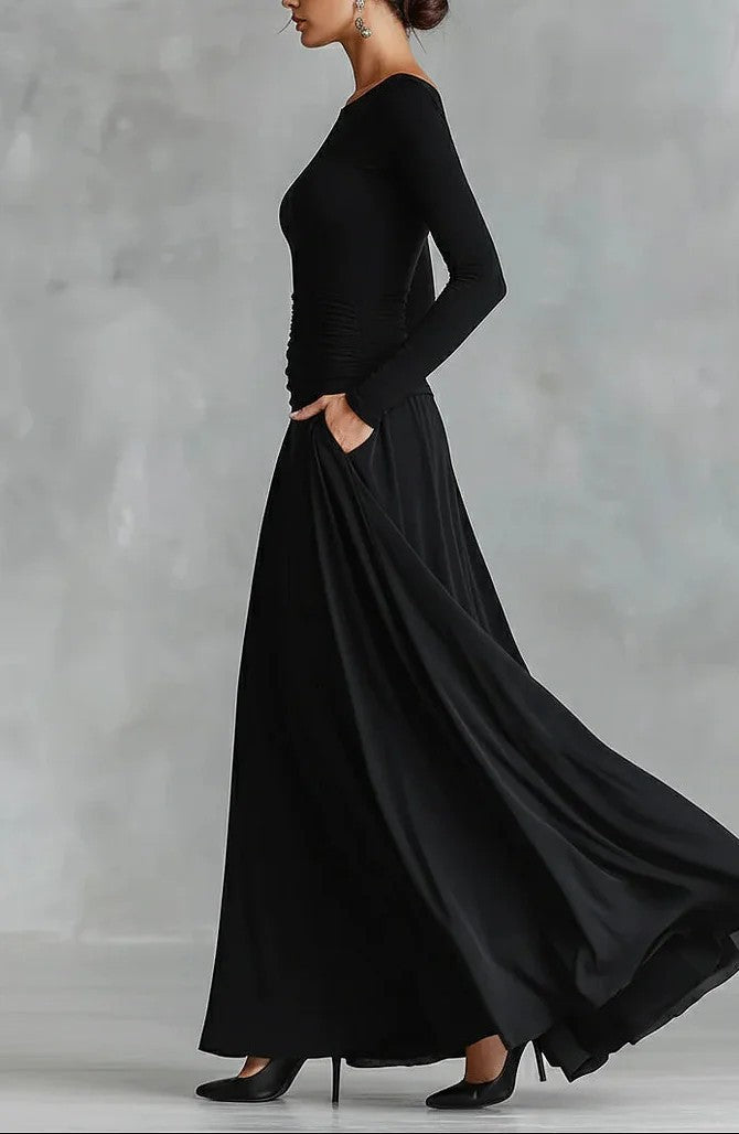 ruched waist long-sleeve flowing maxi dress – NOCTURNE