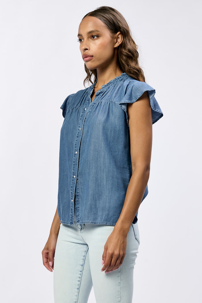 RUFFLE DENIM BLOUSE