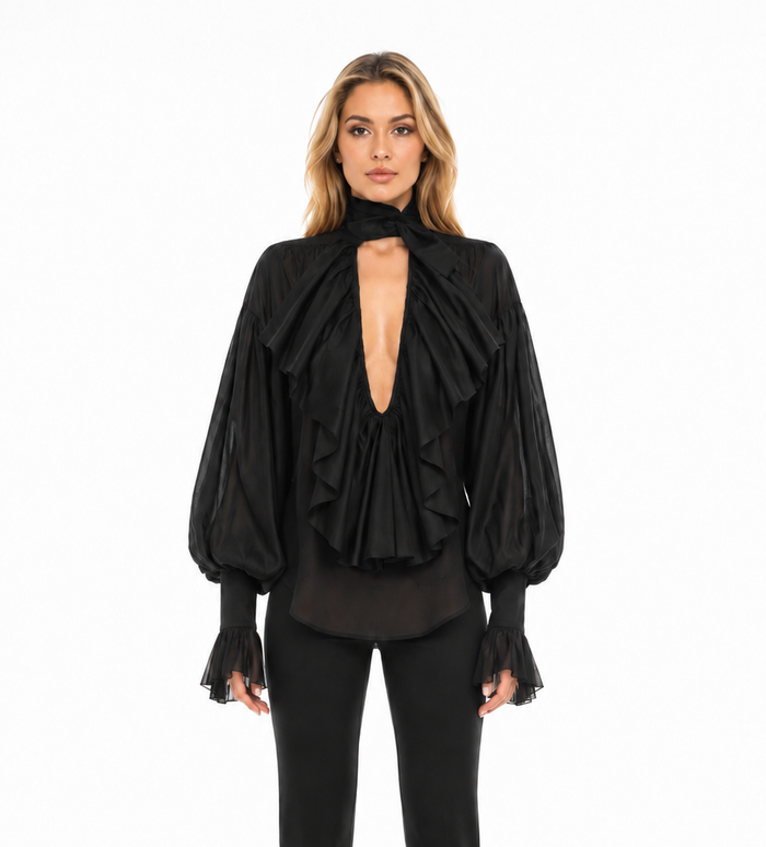 Ruffled Balloon-Sleeve Blouse – Midnight