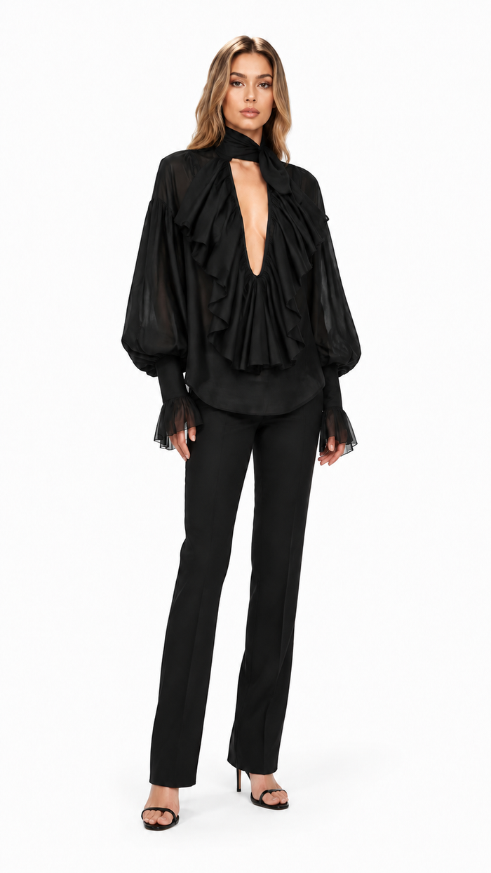 Ruffled Balloon-Sleeve Blouse – Midnight