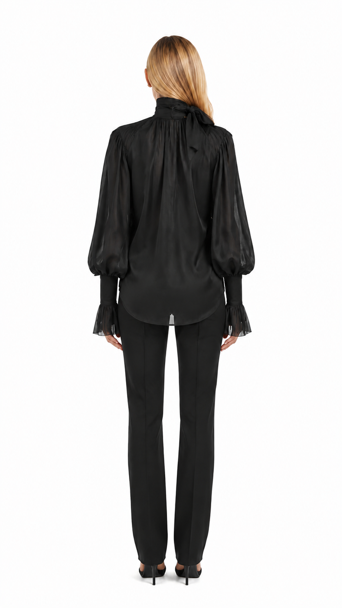 Ruffled Balloon-Sleeve Blouse – Midnight