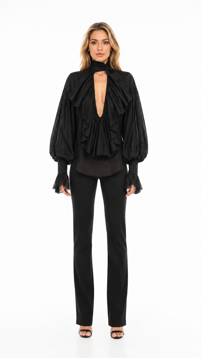 Ruffled Balloon-Sleeve Blouse – Midnight