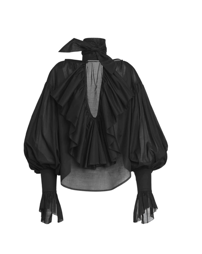 Ruffled Balloon-Sleeve Blouse – Midnight