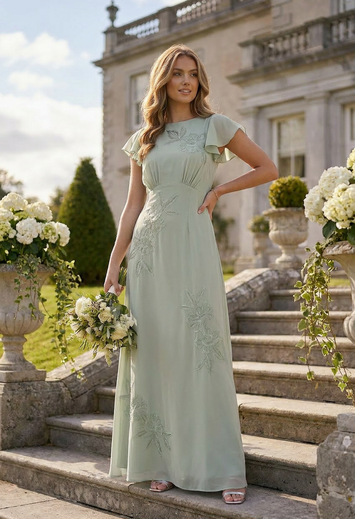 Sage Green Floral Embroidered Cowl Back Maxi Dress