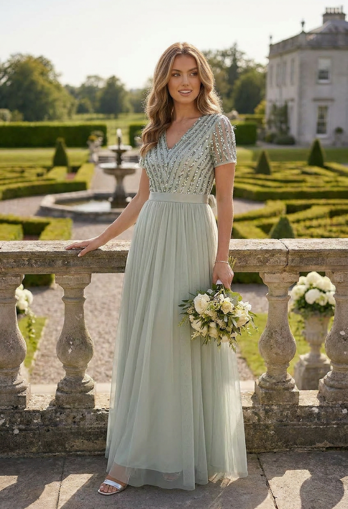 SAGE V NECK SEQUIN AND TULLE DRESS WITH TIE WAIST