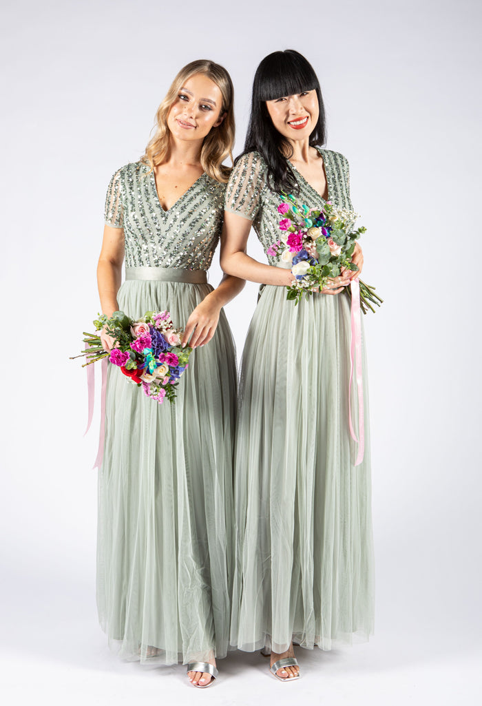 SAGE V NECK SEQUIN AND TULLE DRESS WITH TIE WAIST