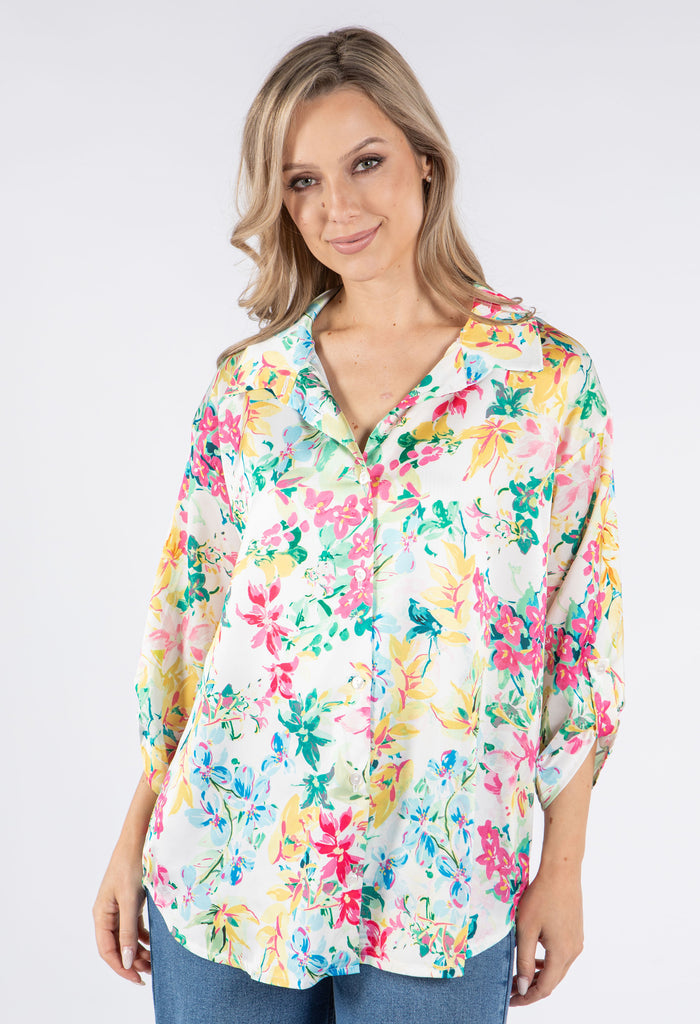 Satin Feel Summer Floral Print Shirt