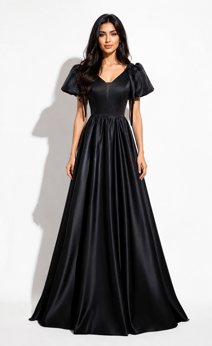 Satin Puff Sleeve Ball Gown - Noir