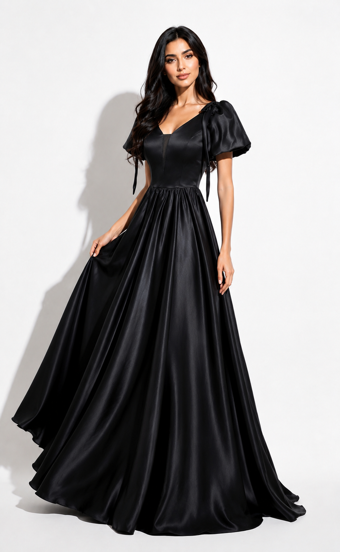 Satin Puff Sleeve Ball Gown - Noir