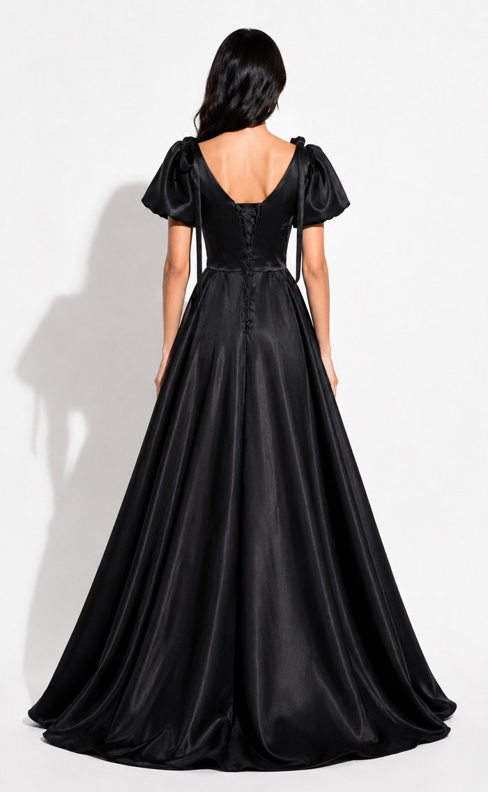 Satin Puff Sleeve Ball Gown - Noir