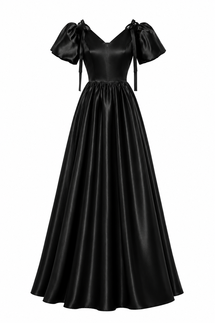 Satin Puff Sleeve Ball Gown - Noir