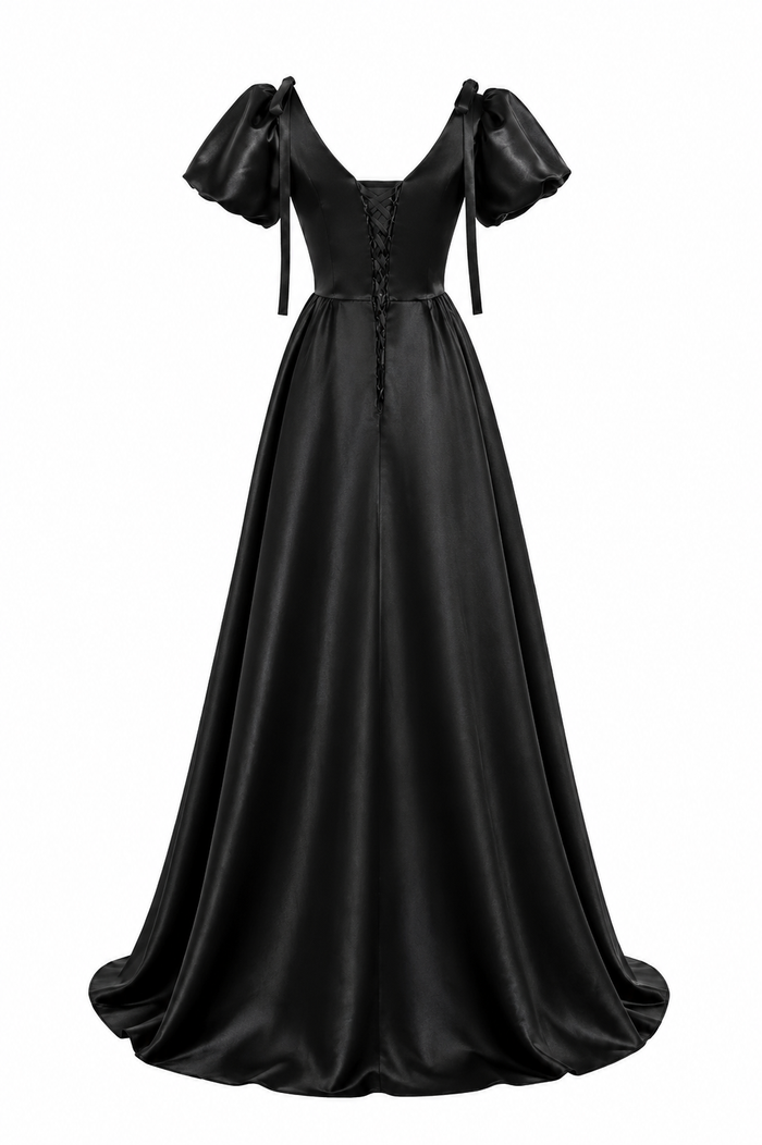 Satin Puff Sleeve Ball Gown - Noir