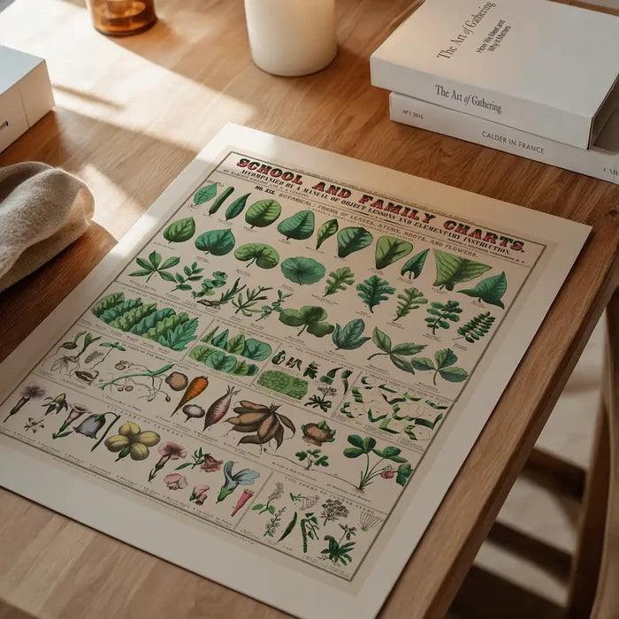 School and Family Charts - Leaves Stems Roots Flowers Diagram Print, vintage botanical print unframed on a home office desk