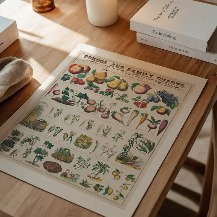 School and Family Charts - Uses of Plants 2 Botanical Print unframed on a home office desk