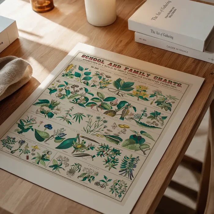 School and Family Charts - Uses of Plants Botanical Print unframed on a home office desk
