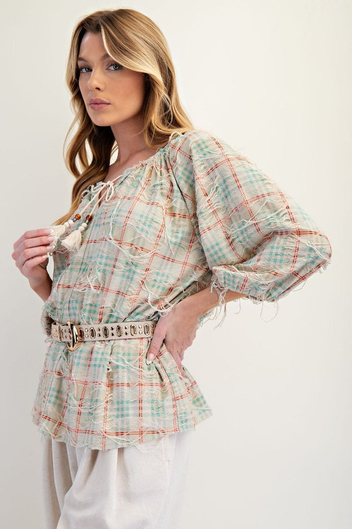 SELF DISTRESSED PLAID WOVEN BLOUSE
