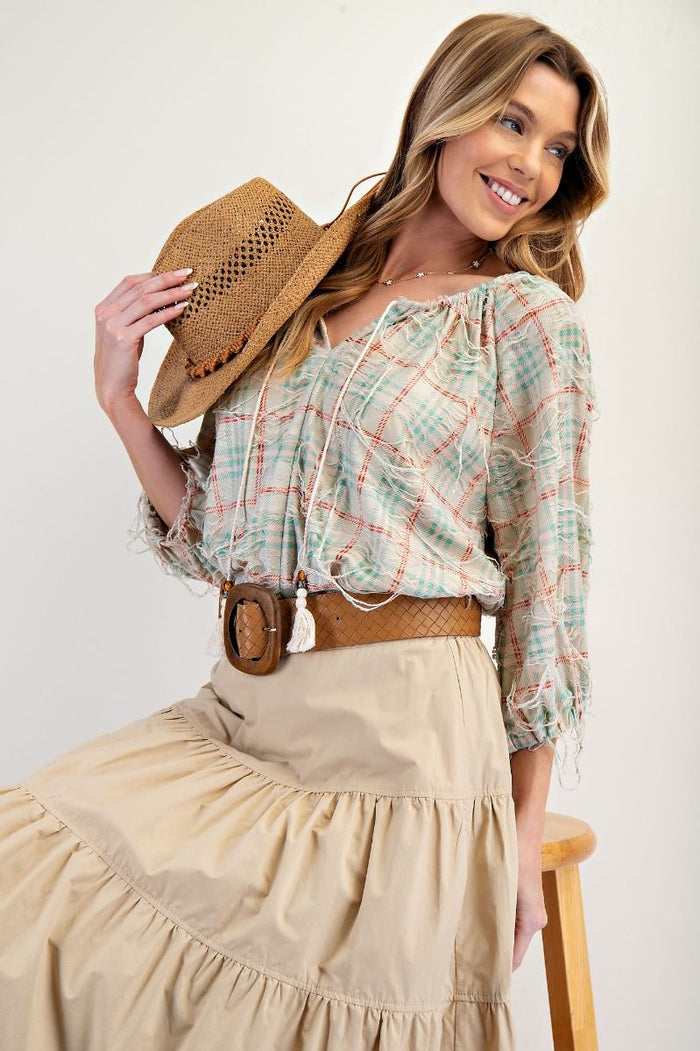 SELF DISTRESSED PLAID WOVEN BLOUSE
