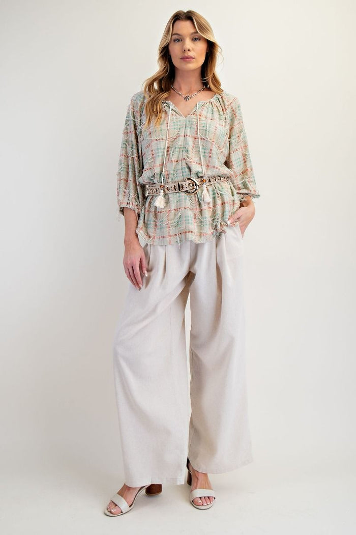 SELF DISTRESSED PLAID WOVEN BLOUSE