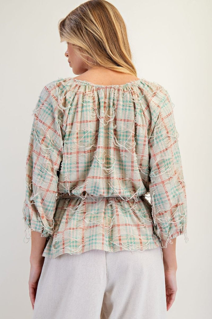 SELF DISTRESSED PLAID WOVEN BLOUSE