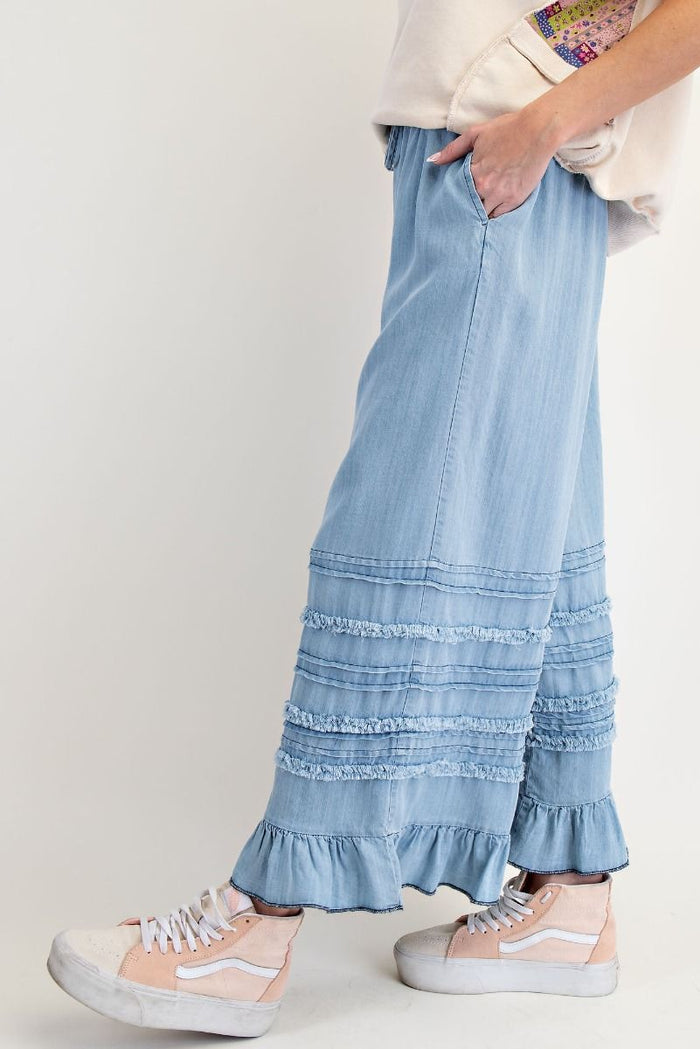 SELF FRAY WASHED CHAMBRAY PANTS 2 COLORS