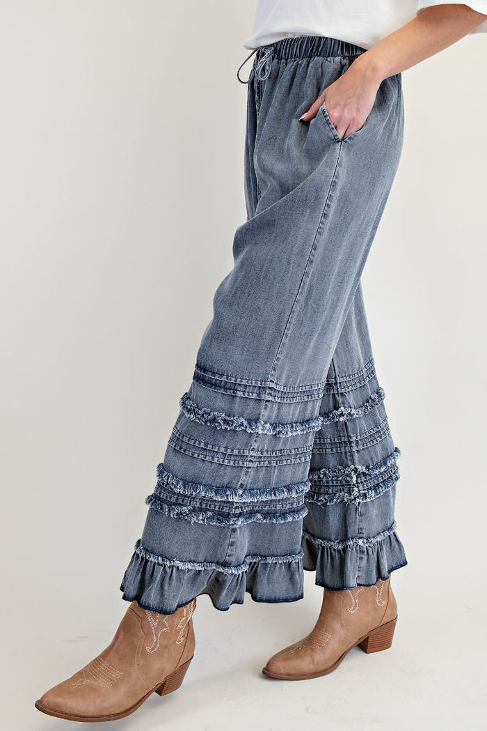 SELF FRAY WASHED CHAMBRAY PANTS 2 COLORS