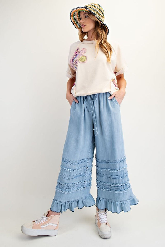 SELF FRAY WASHED CHAMBRAY PANTS 2 COLORS